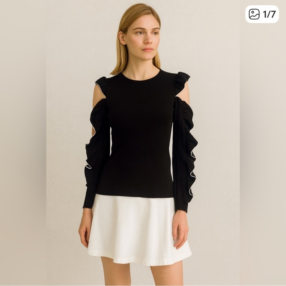 Maje black cold-shoulder top with a white ruffle trim size 1 blouse women’s